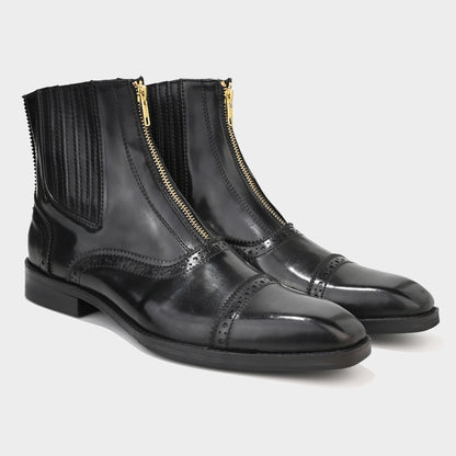 ZIPPER BOOTS WITH BROGUE DETAIL - BLACK