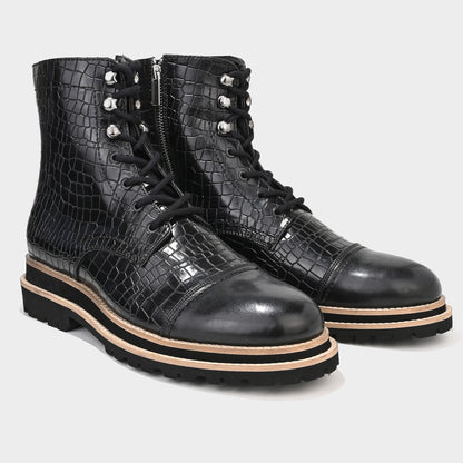 CROCO BOOTS WITH TOE CAP- BLACK