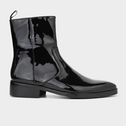 MIDNIGHT PATENT ANKLE BOOTS
