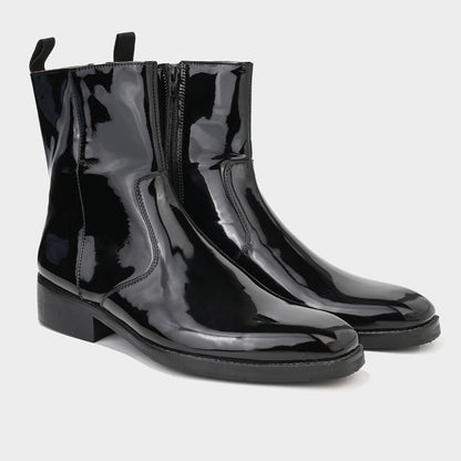 MIDNIGHT PATENT ANKLE BOOTS