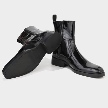 MIDNIGHT PATENT ANKLE BOOTS