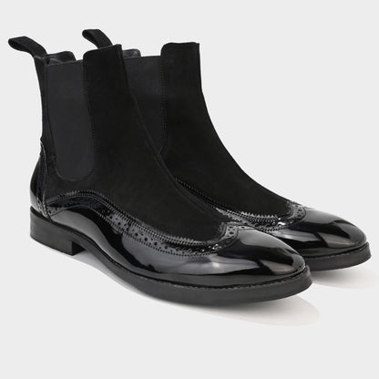 PATENT BOOTS WITH BROGUE DETAIL - BLACK