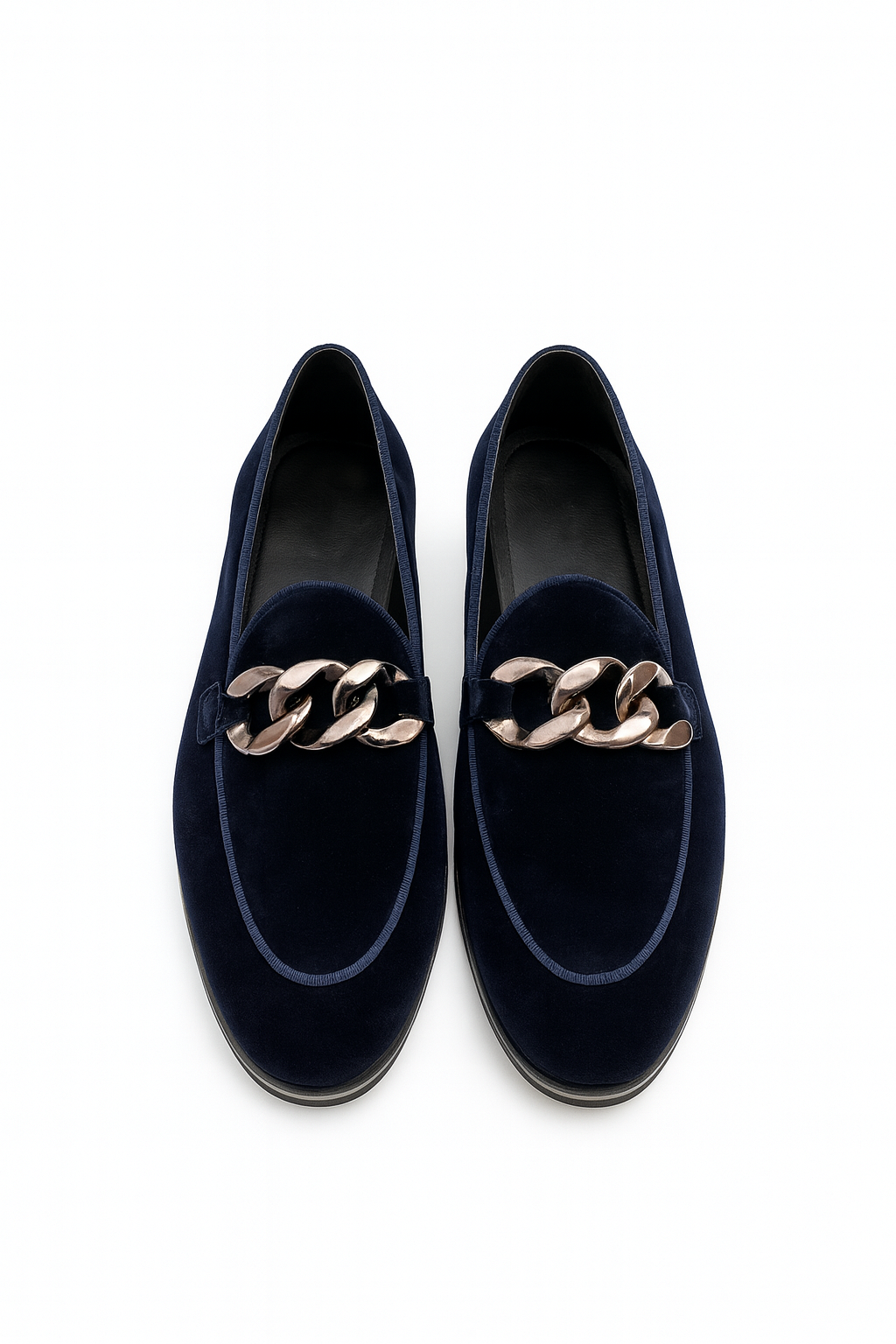 MIDNIGHT NAVY VELVET SLIP-ONS WITH CHAIN