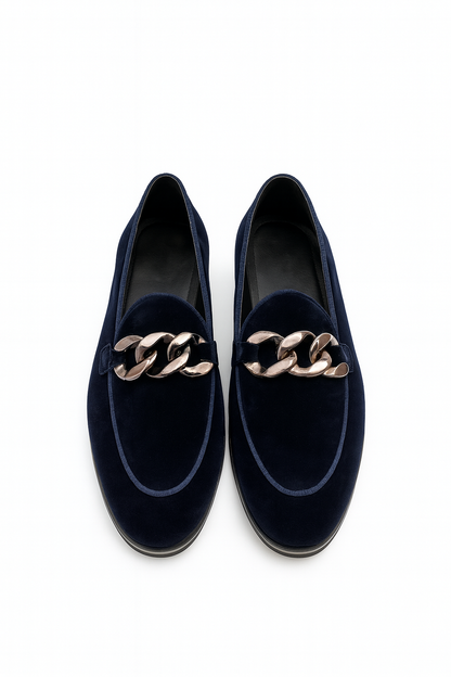 MIDNIGHT NAVY VELVET SLIP-ONS WITH CHAIN