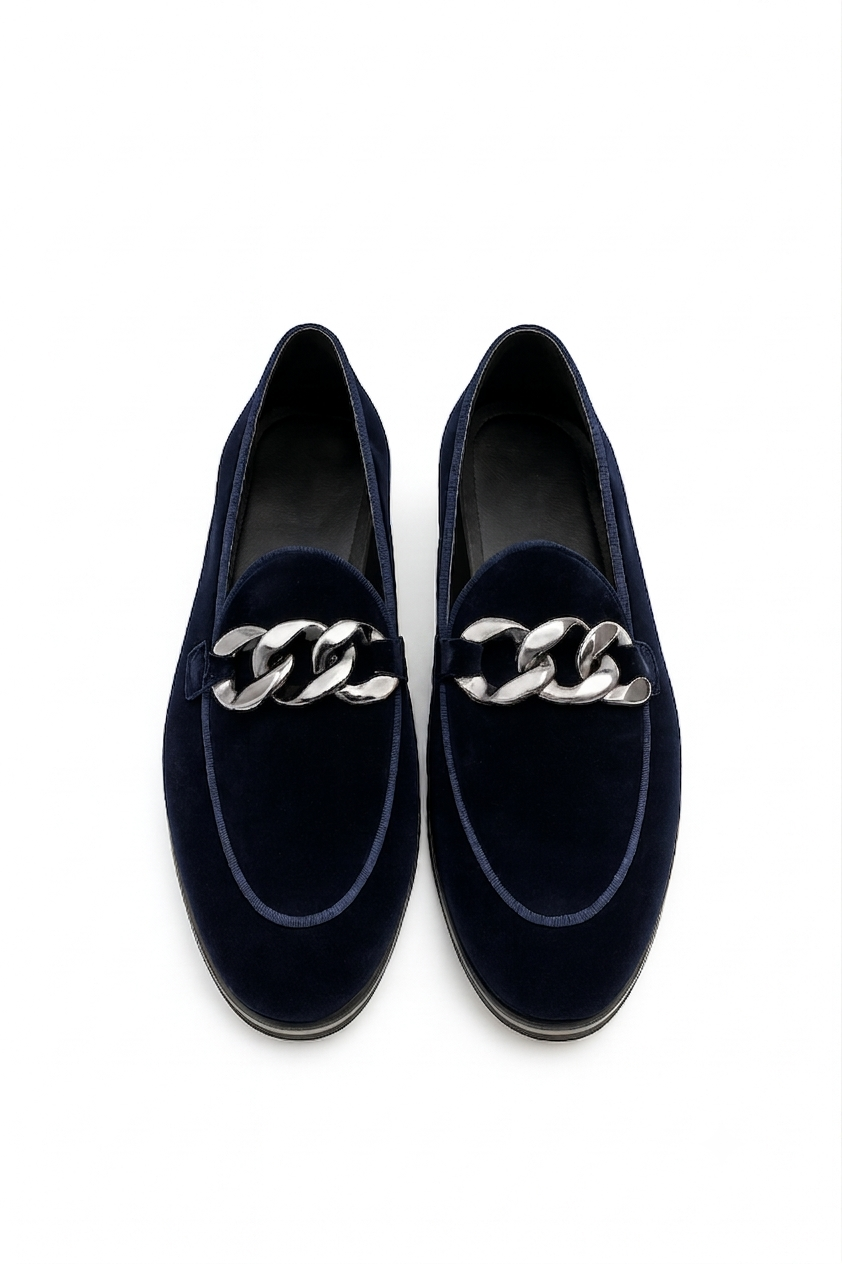 MIDNIGHT NAVY VELVET SLIP-ONS WITH CHAIN