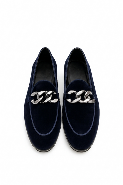 MIDNIGHT NAVY VELVET SLIP-ONS WITH CHAIN