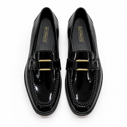 BLACK PATENT LOAFERS WITH METAL ACCCESSORY