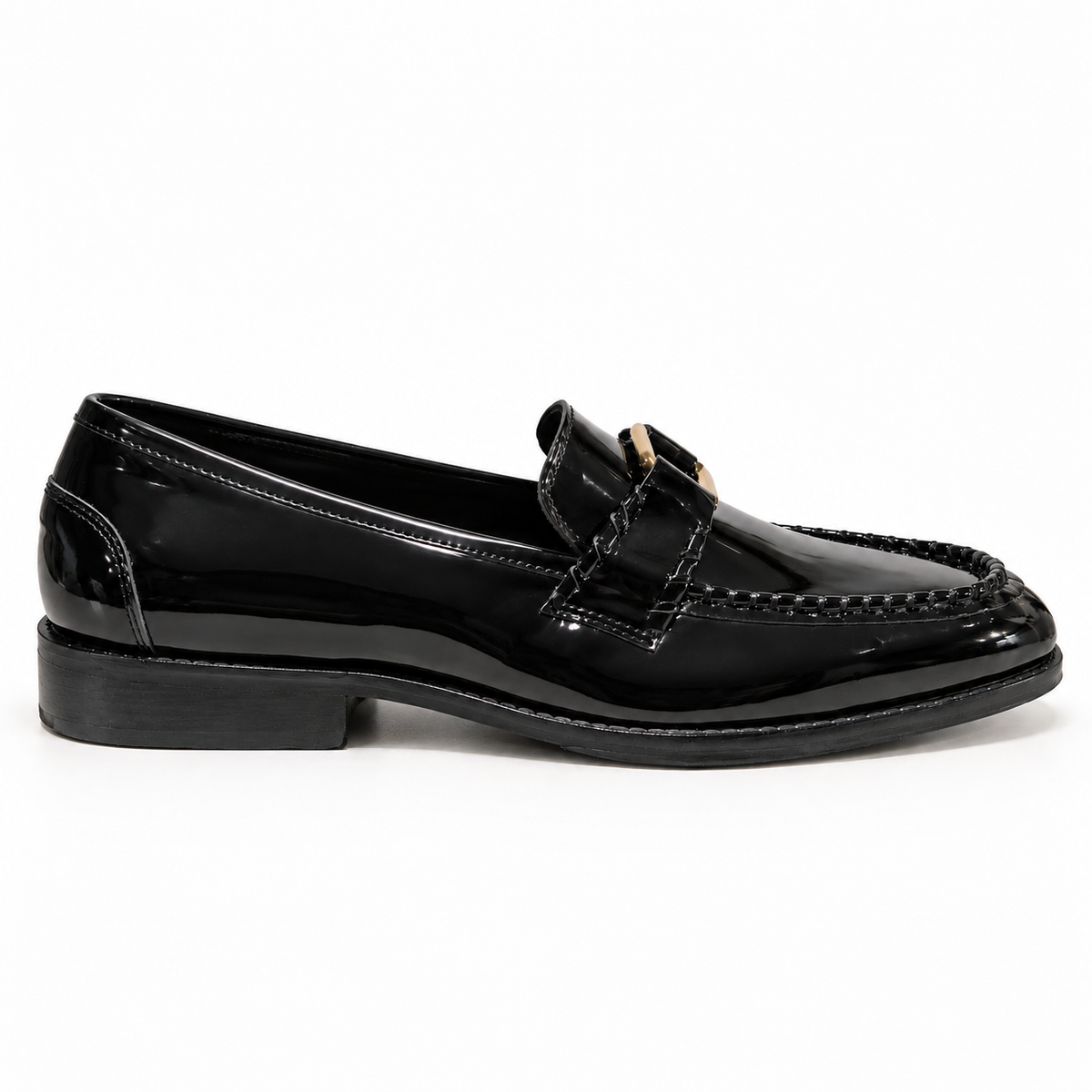 BLACK PATENT LOAFERS WITH METAL ACCCESSORY