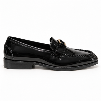 BLACK PATENT LOAFERS WITH METAL ACCCESSORY