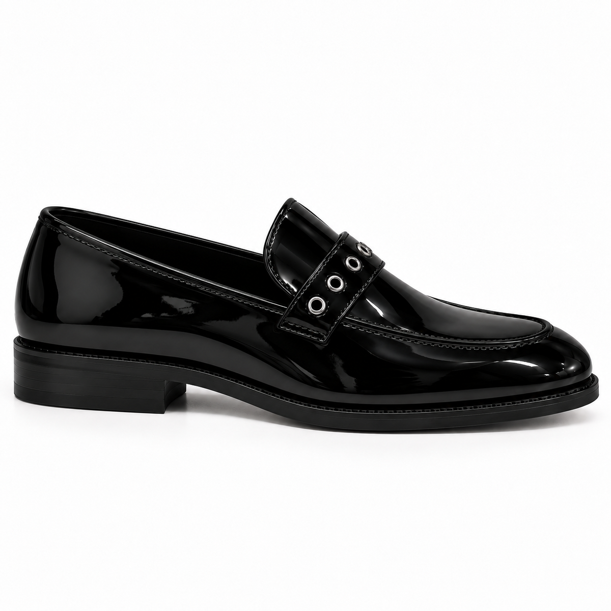 BLACK PATENT SLIP-ONS WITH RIVETS