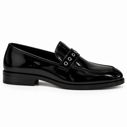 BLACK PATENT SLIP-ONS WITH RIVETS