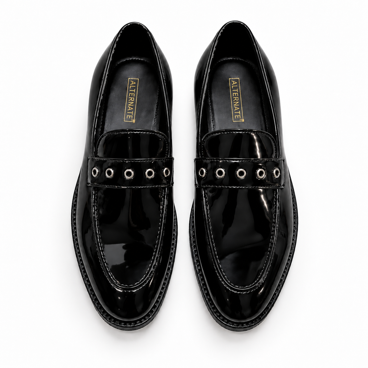 BLACK PATENT SLIP-ONS WITH RIVETS