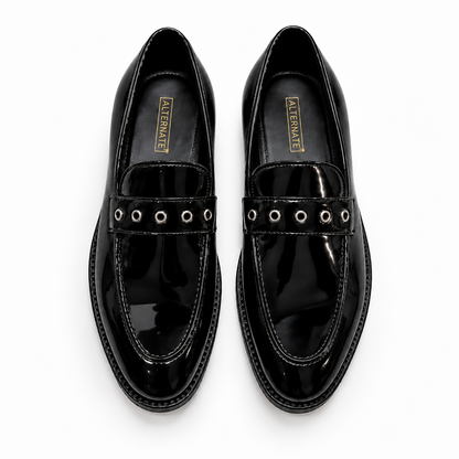 BLACK PATENT SLIP-ONS WITH RIVETS