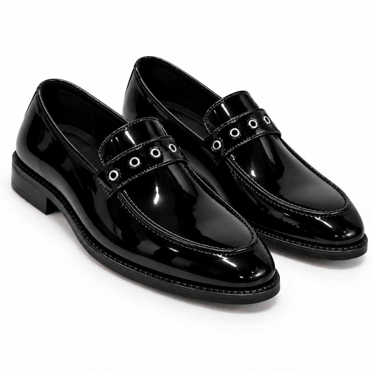BLACK PATENT SLIP-ONS WITH RIVETS