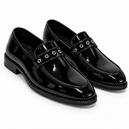 BLACK PATENT SLIP-ONS WITH RIVETS