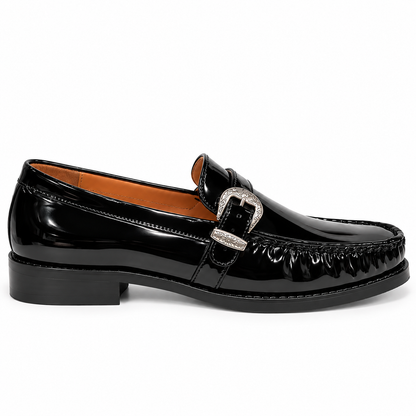 BLACK PATENT SLIPONS WITH BELT BUCKLE