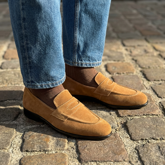 Suede Slip-Ons with Contrast Stitching - TAN