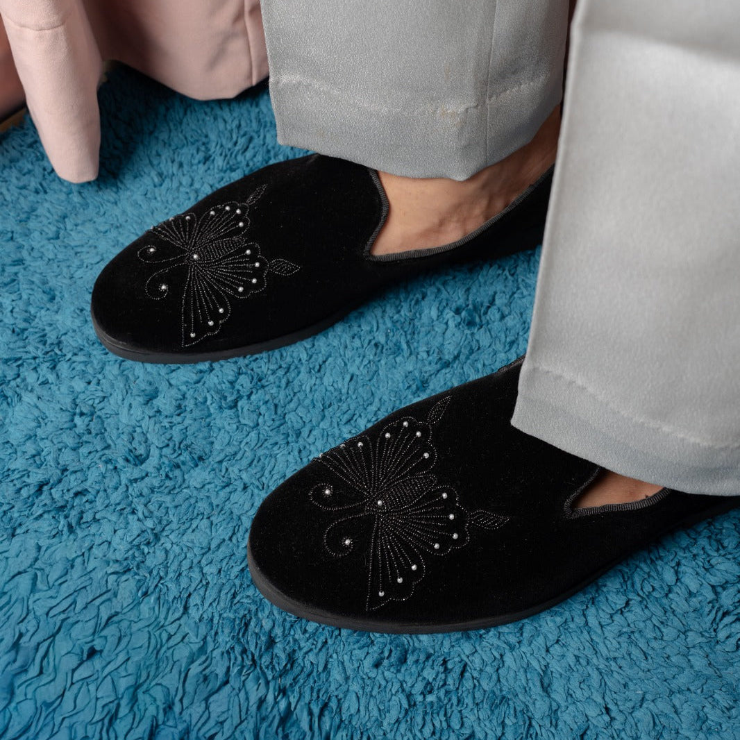 BUTTERFLY EMBROIDERY SLIP-ONS-BLACK