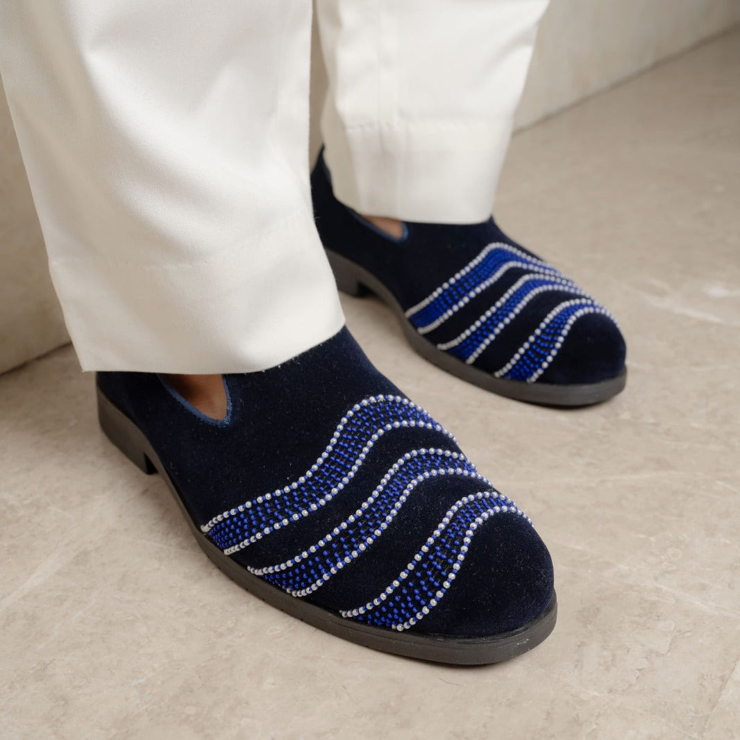 BLUE VELVET SLIP-ONS WITH FLOWY EMBROIDERY