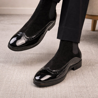 PATENT BOOTS WITH BROGUE DETAIL - BLACK