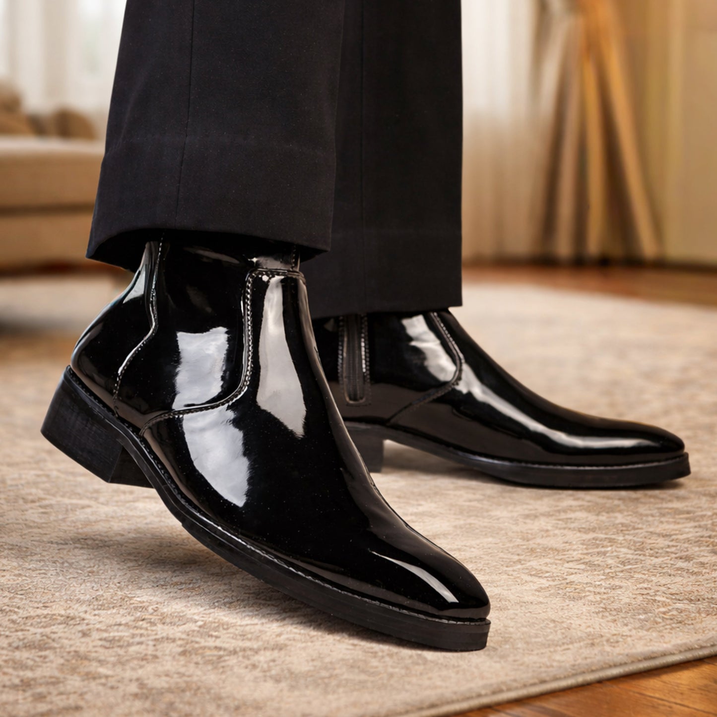 MIDNIGHT PATENT ANKLE BOOTS