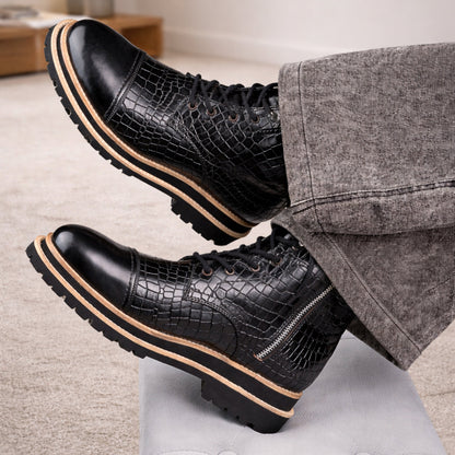 CROCO BOOTS WITH TOE CAP- BLACK