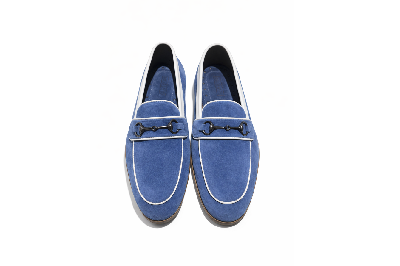 SUEDE SLIP-ONS WITH PIPING DETAIL - BLUE