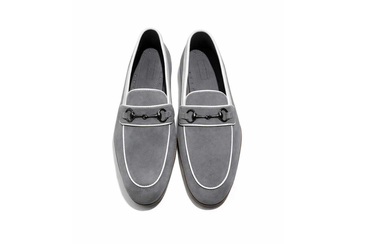SUEDE SLIP-ONS WITH PIPING DETAIL-GREY