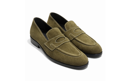 Suede Slip-Ons with Contrast Stitching - OLIVE