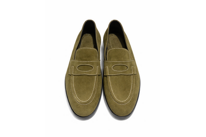 Suede Slip-Ons with Contrast Stitching - OLIVE