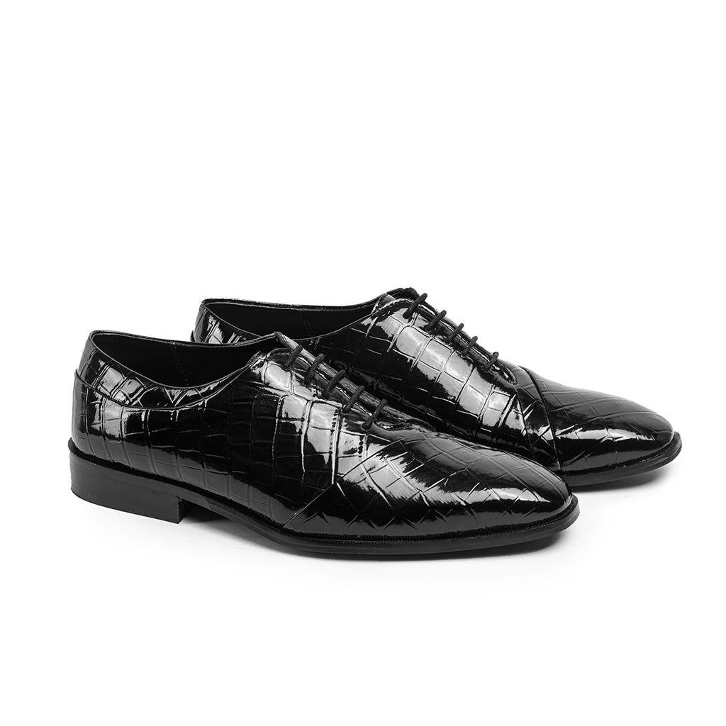 Blind seam lace-up with croco detail- black