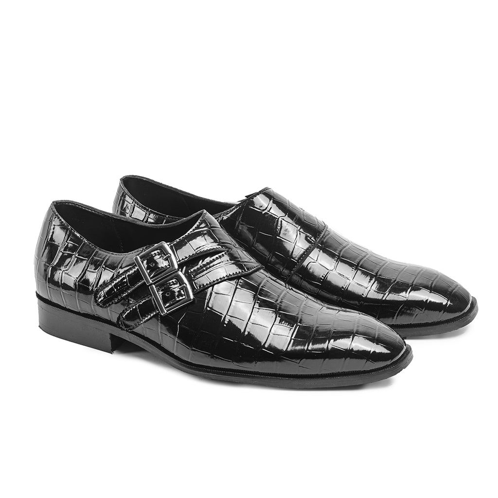 Patent monk straps with croco detail