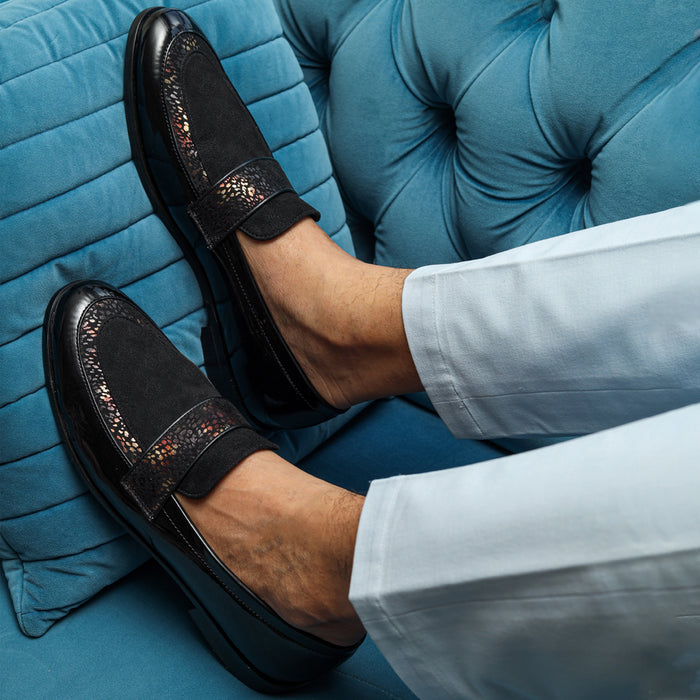 PATENT SLIP-ONS WITH SUEDE-BLACK