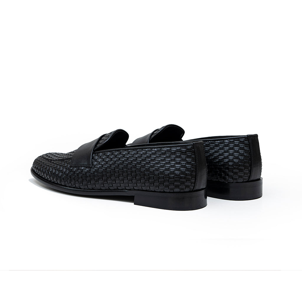 WOVEN SLIP-ONS WITH PU STRAP-BLACK