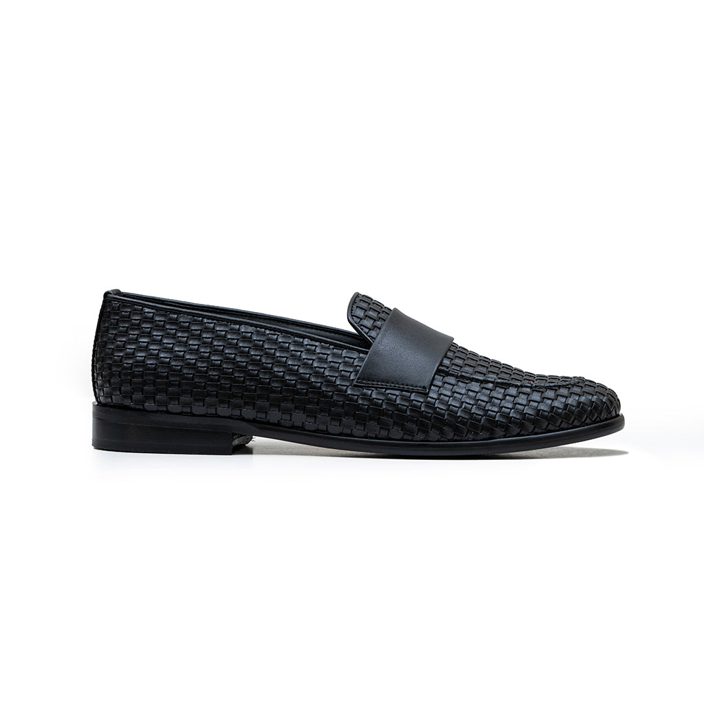 WOVEN SLIP-ONS WITH PU STRAP-BLACK
