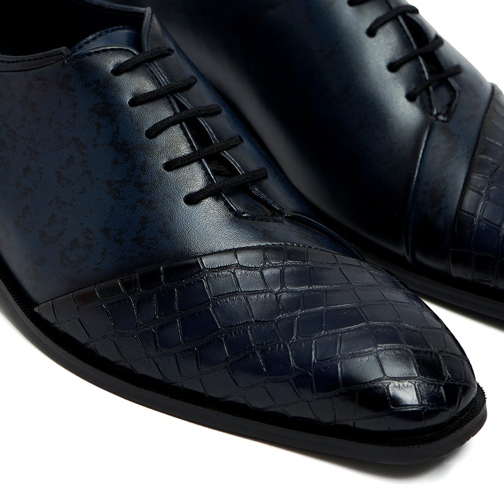 WHOLECUT LACE-UP WITH CROCO DETAIL- BLUE