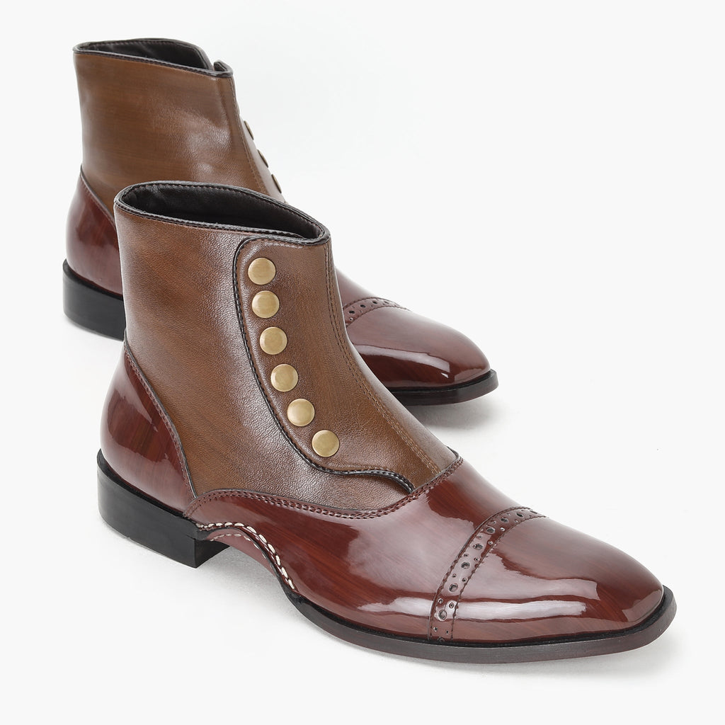 BUTTON ANKLE BOOTS- BROWN