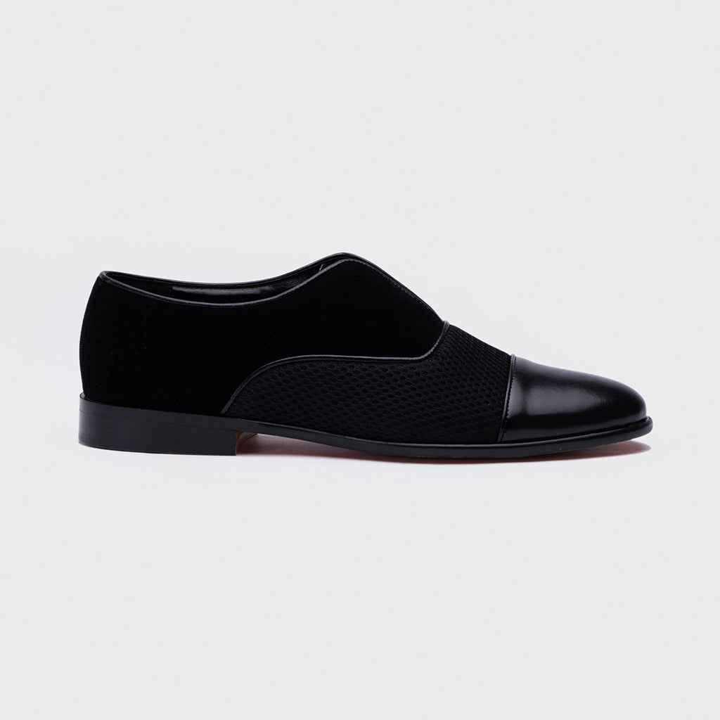 VELVET SLIP-ONS WITH MESH- BLACK